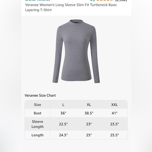 Women’s Like New Long Sleeve Slim Fit Turtleneck Basic Layering T-Shirt in Gray - Picture 6 of 6